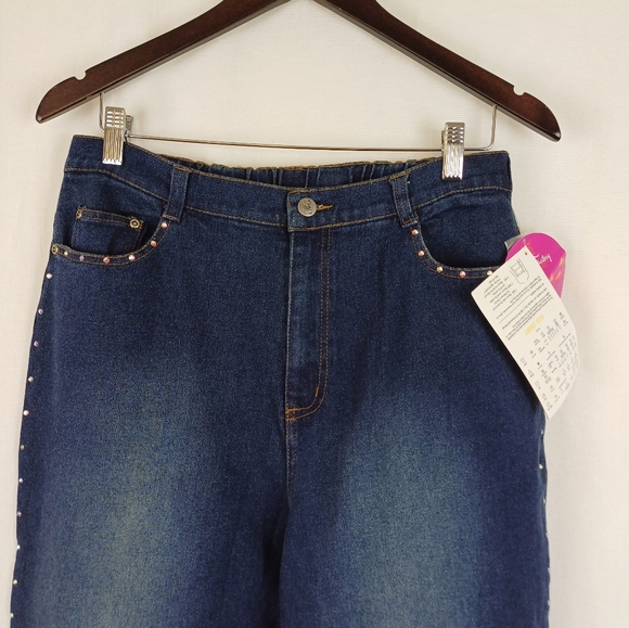 Quacker Factory Rhinestone Side Seam Distressed Look Jeans Blue Large A2729 - Picture 2 of 6